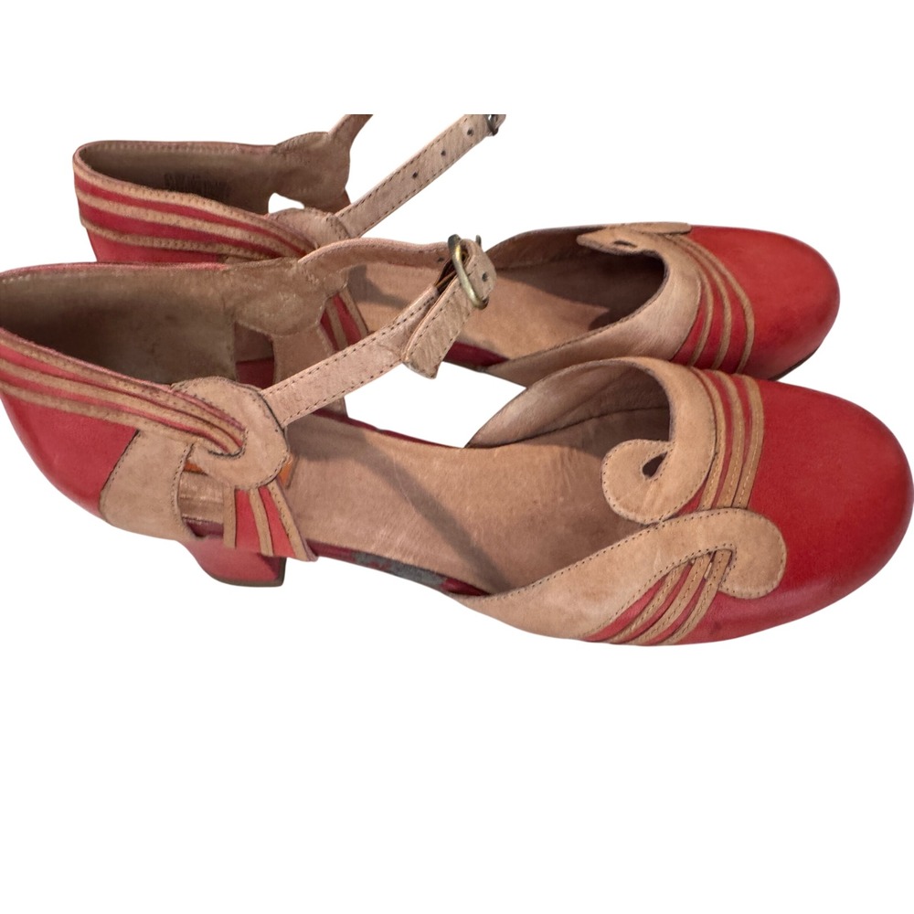 Miz Mooz Womens Red Tan Leather Vintage Style Block Heel Ankle Strap Pumps 40
